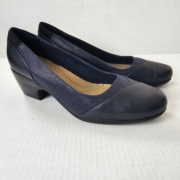 Clarks Emily Alexa Pumps Navy Blue Leather Slip-On Heels Size 12 Comfort Shoes - Picture 11 of 11